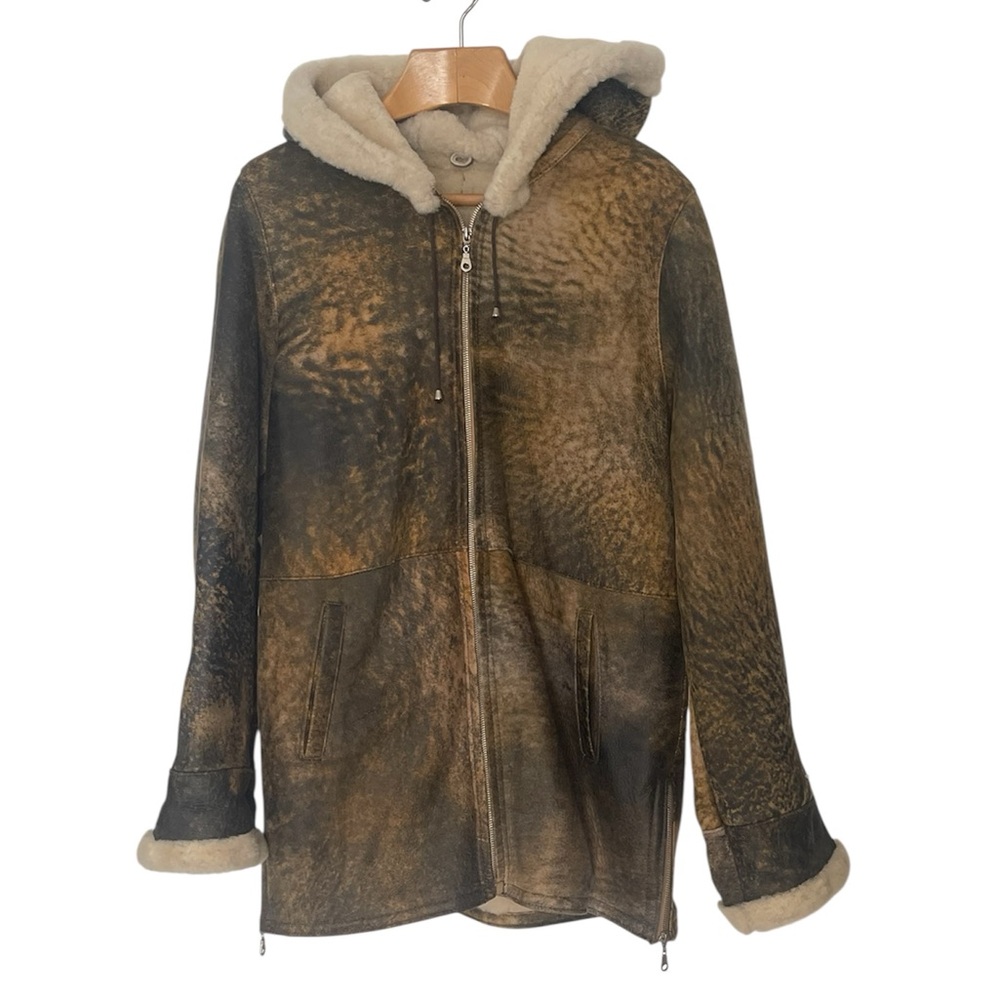 Vintage Y2K Genuine Shearling Sheepskin Hooded Coat XL Distressed Brown Aviator